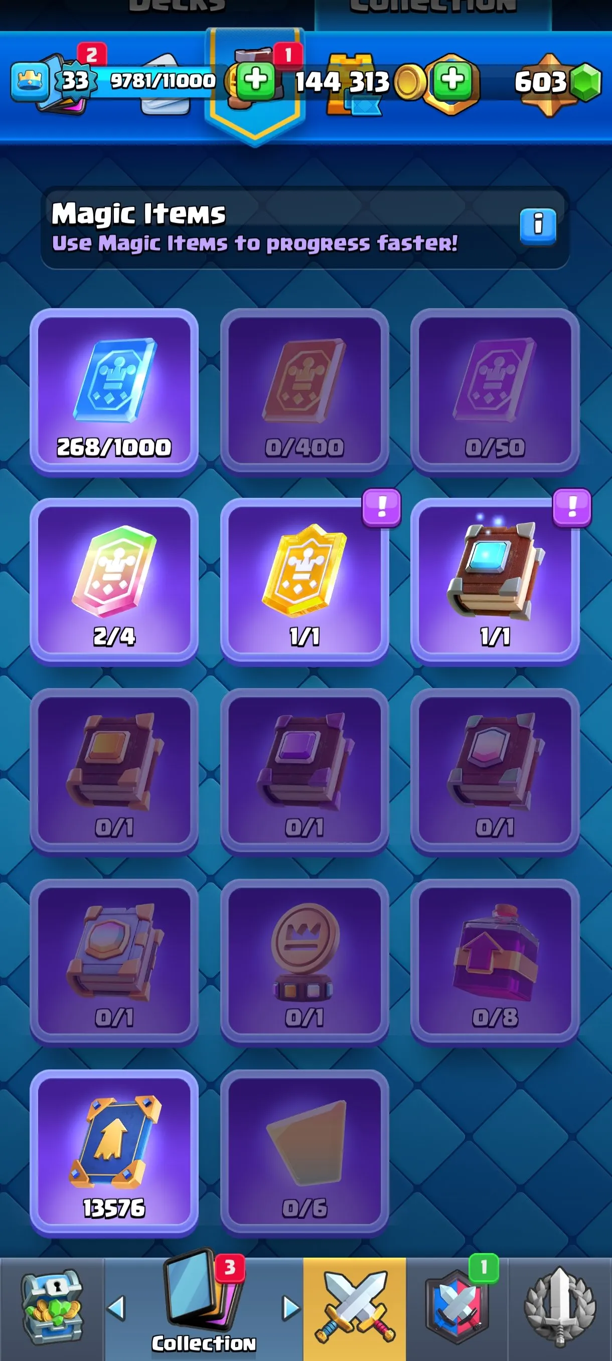 CR669 7557 cups 6 Evolutions 14 Legendary 109 Cards 603 gems 144313 gold King 33 Arena 20 rich collection