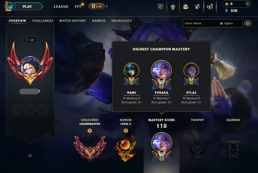 ADC🔥LVL59 Grandmaster 770+LP 61%WR Handleveled💎35K BE 8Skins✅Lifetime Ownership Guarantee - Never Taken Back