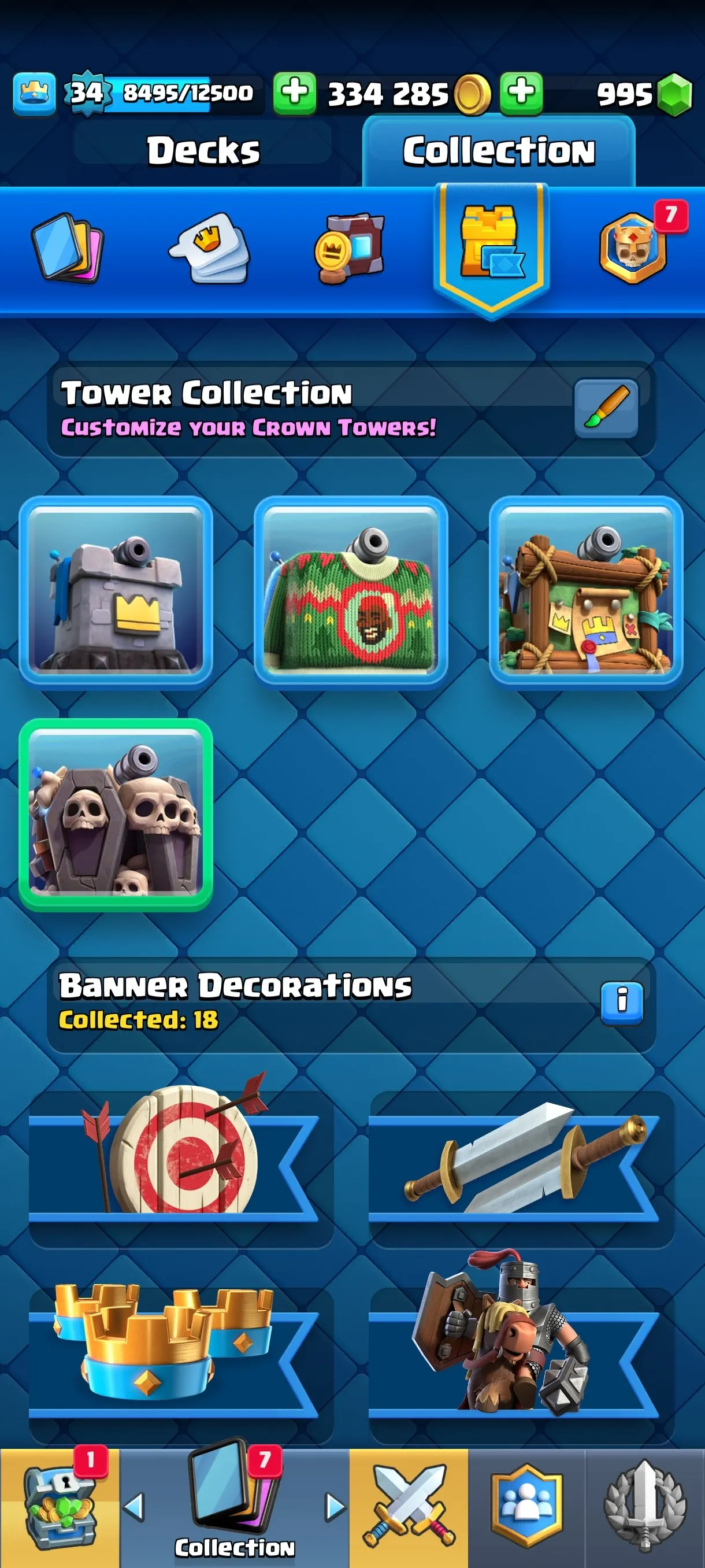 CR673 7635 cups 3 Evolutions 18 Legendary 113 cards 995 gems 334285 gold King 34 Arena 20 3 tower skins 26 emotes