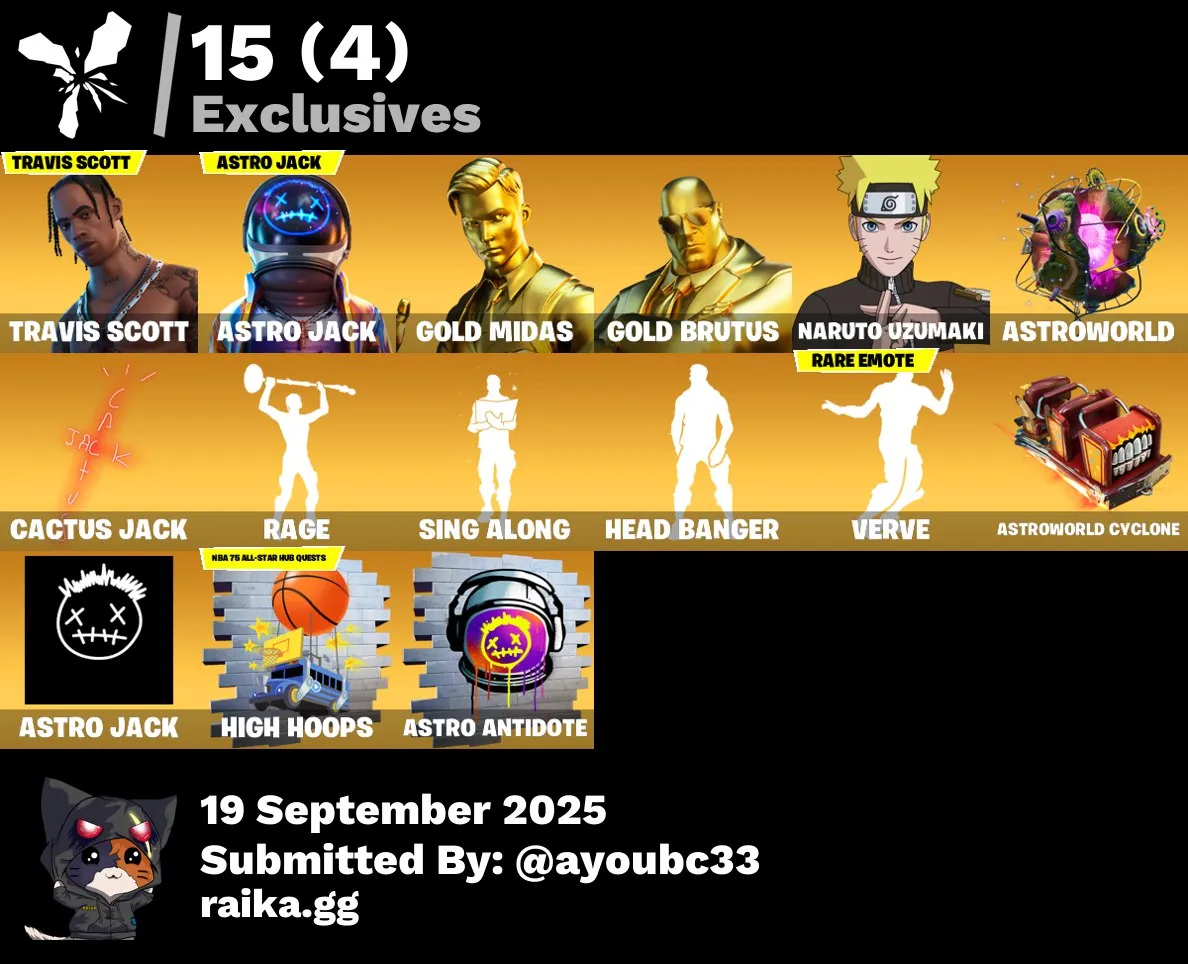 ⚡️69 Skins⚡️Travis Scott⚡️Astro Jack⚡️Gold Midas⚡️Deadpool⚡️Naruto Uzumaki⚡️Rage⚡️Astroworld Cyclone⚡️Gear Specialist Maya