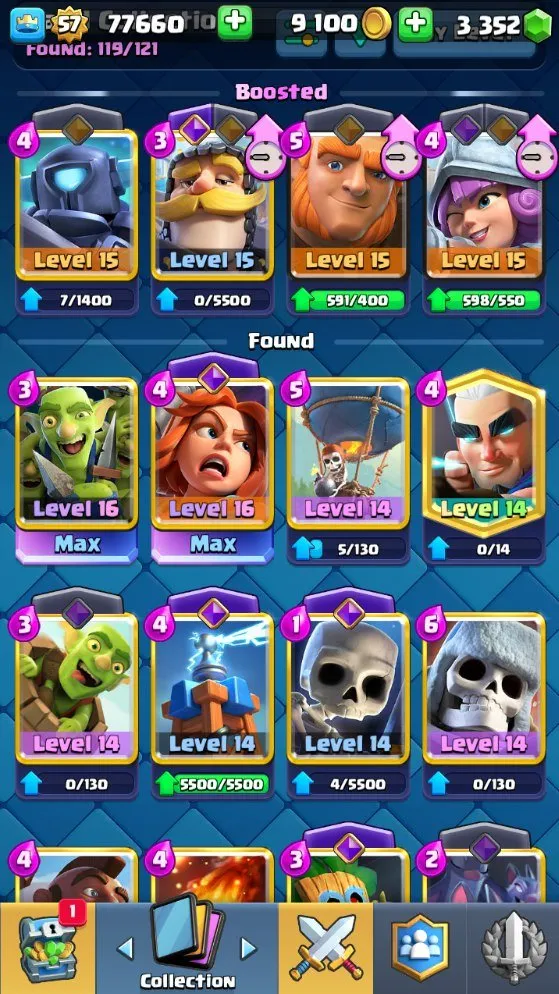 CR547 Maxed Valkyrie Deck 9k Trophies, Level 57, 2 Level 16 Cards, 21 Level 14 Cards, 11 Evolutions, 88 Emotes, 3352 Gems, 9100 Gold, Arena 23