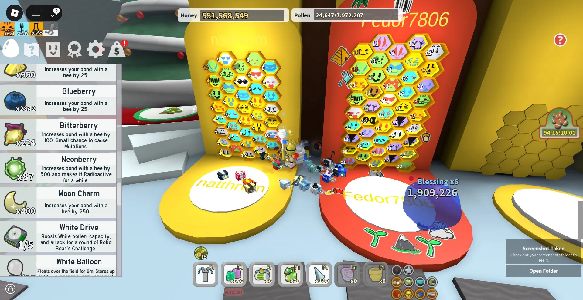 RBL3015 Bee Swarm Simulator Account 40 Bees 7-Pronged Cog Robo Pass Sunflower Seed Strawberry Pineapple Blueberry White Drive White Buff Moon (G)