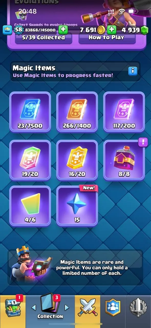 CR546 Arena 20 Level 58 | 7.6k Trophies | 19 Legendary Cards | 5 Evolutions | 4900 Gems | 33 Emotes | 119 Cards