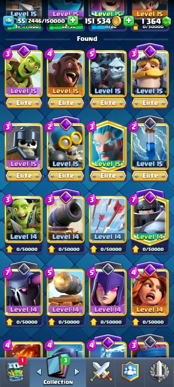 CR522 Maxed Arena 25 Account 10.7k Trophies, 9 Level 15 Elites, 17 Level 14, 10 Evolutions, 70 Emotes, 8 Tower Skins, 53 Banners, 1.3k Gems, 151k Gold 