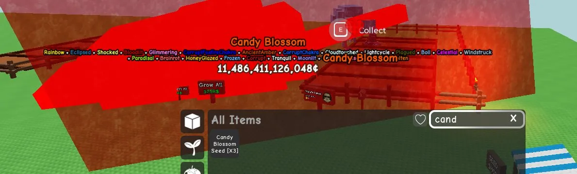 RBL3042 4 Candy Blossom Trees, 4 Candy Blossom Seeds, 11.4T Fruit Value, Mimic Octopus, Corrupted Kitsune, Spinosaur, Disco Bee, Butterfly, T-Rex, Moon Cat, Echo Frog, 7 Pet Slots (G)