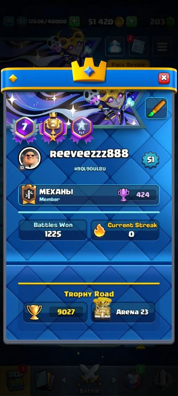 CR570   9027 Trophies 16 Evolutions 4 Heroes 77 Emotes Sad Goblin 3x15 12x14 Level Cards Pass star Royale x4