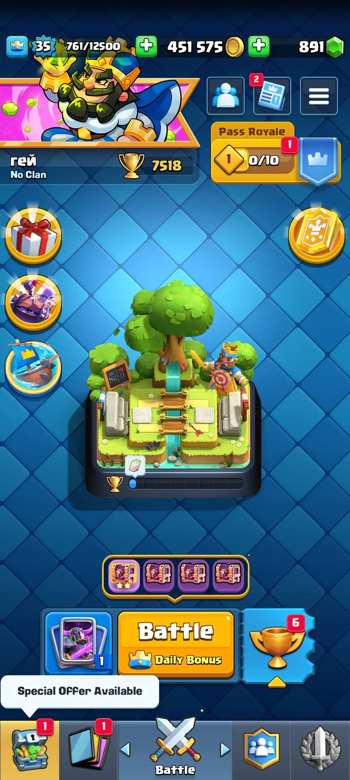 CR670 7518 cups 6 Evolutions 20 Legendary 118 cards 891 gems 451575 gold King 35 Arena 20 tower skins emotes badges