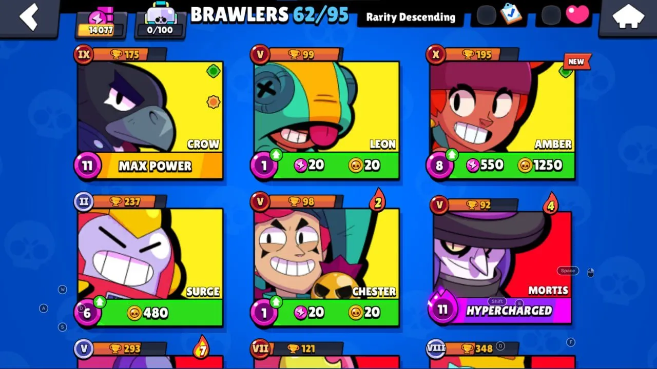 BS1770 14077 trophies 62 brawlers 5 legendary Crow Leon Amber Surge Chester Mortis hypercharged Colette favorite (G)