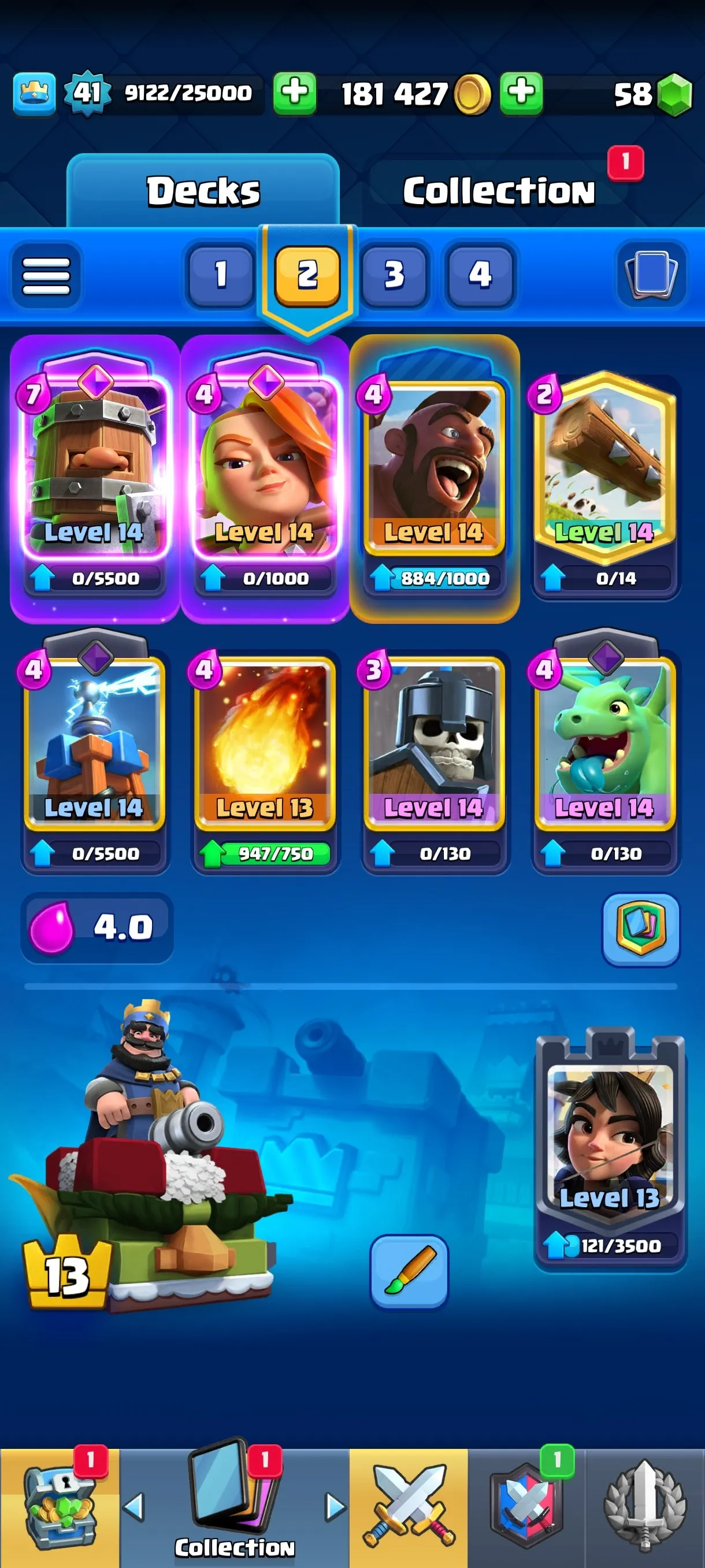 CR677 9244 cups 4 Evolutions 121 cards 58 gems 181427 gold King 41 Arena 23 36 emotes 5 tower skins rich deck