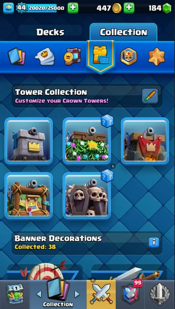 CR613 DL3 KT14 lvl 44 MAX 1 14 lvl 7 EVO 9 7500 trophies 54 emotes 5 tower skins 184 gems 447 gold