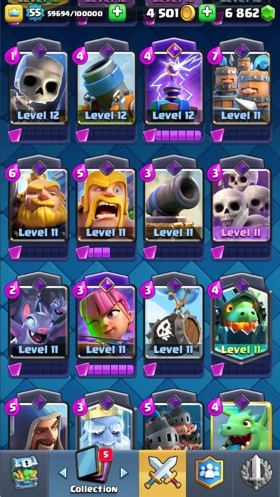 CR629     7.8k Trophies Arena 20 King Level 55 Hunter Deck 2 LVL16 4 LVL14 4 Evolutions 6800 Gems 19 Legendaries 119 Cards Free Name Change 29 Emotes Banner Decorations Custom Towers