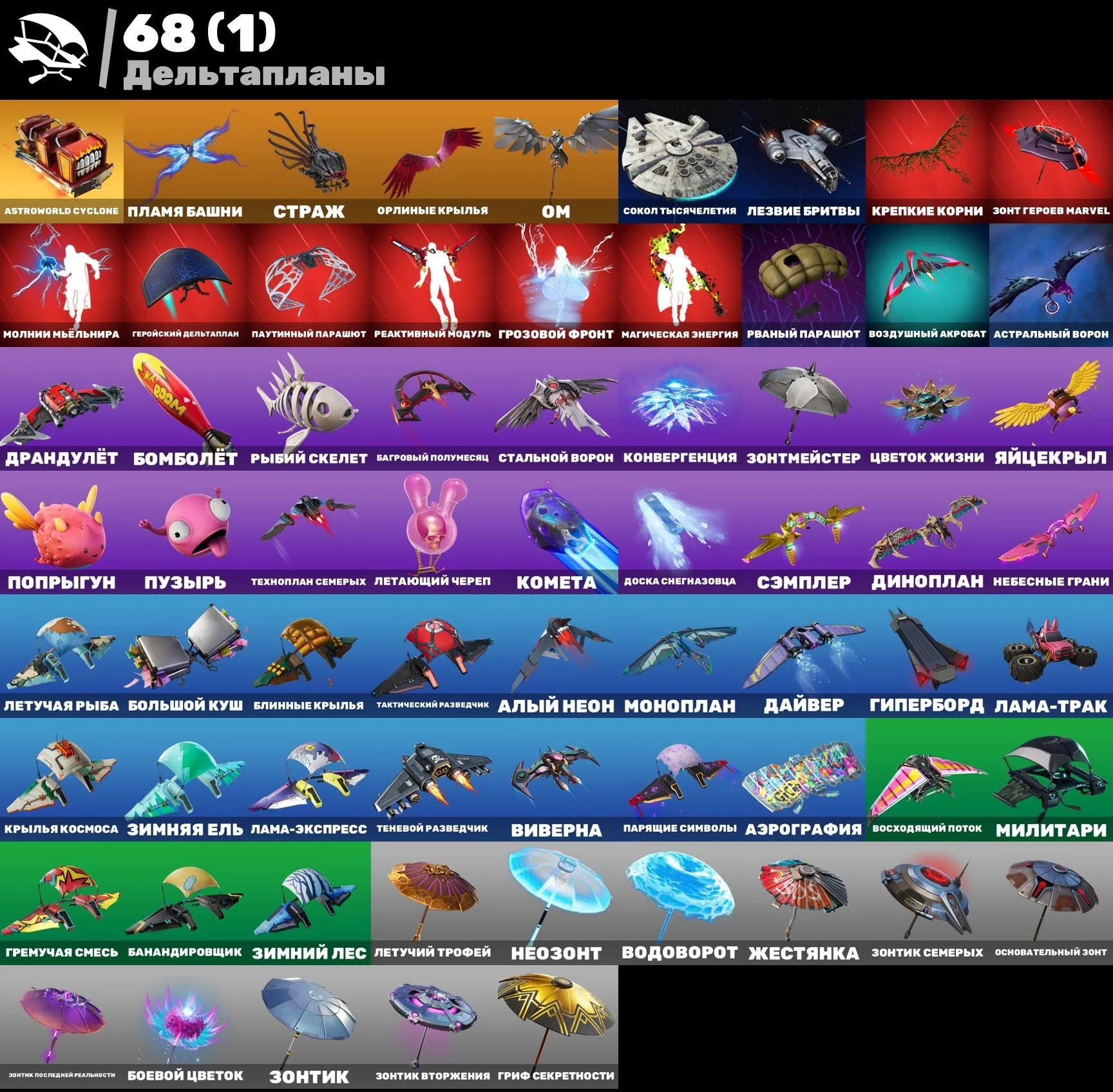 F868 62 Skins: Wildcat, Gold Midas, Travis Scott Pickaxe, Exclusive, Mail Change, OG, Tanuki, Joker, Rey, Emcee (G)