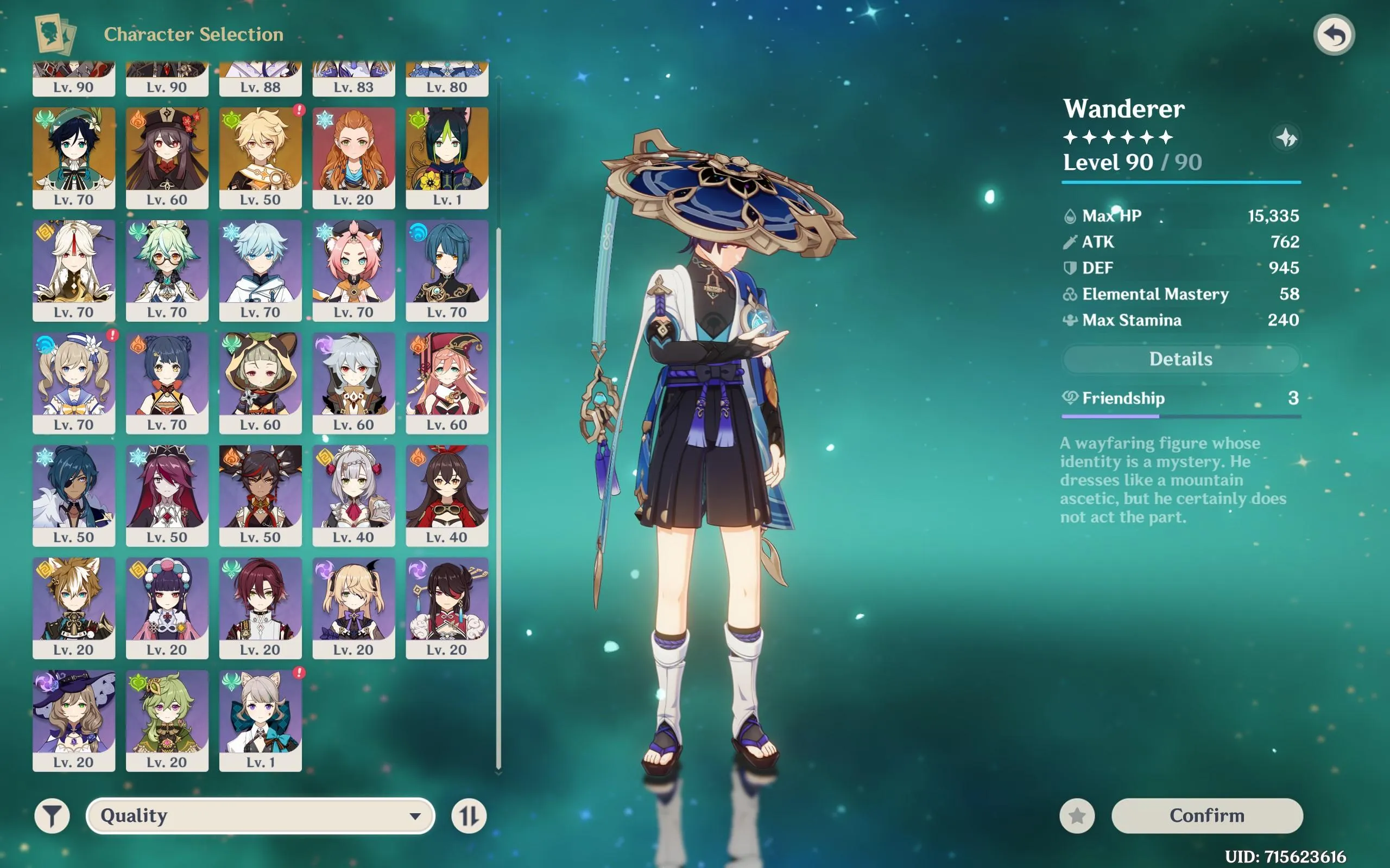 GI1184 AR57 Boosted Account – 13×5 star Raiden Shogun, Wanderer, Tartaglia, Kamisato Ayaka, Diluc C1, Keqing C1, Zhongli, Venti, Hu Tao + Jean & Barbara Skins