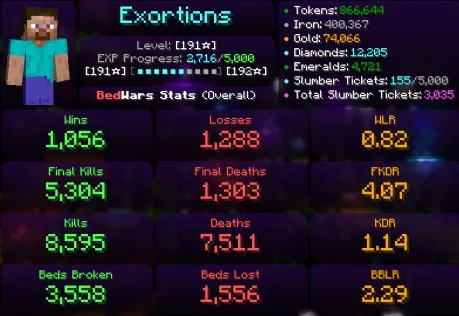 MC41 // MVP+ 266 LVL | 29 Star SkyWars | 191 Star BedWars | Lunar Cosmetics (Valentine White, School Glasses, Pixelated Black, Snowflake Wings)