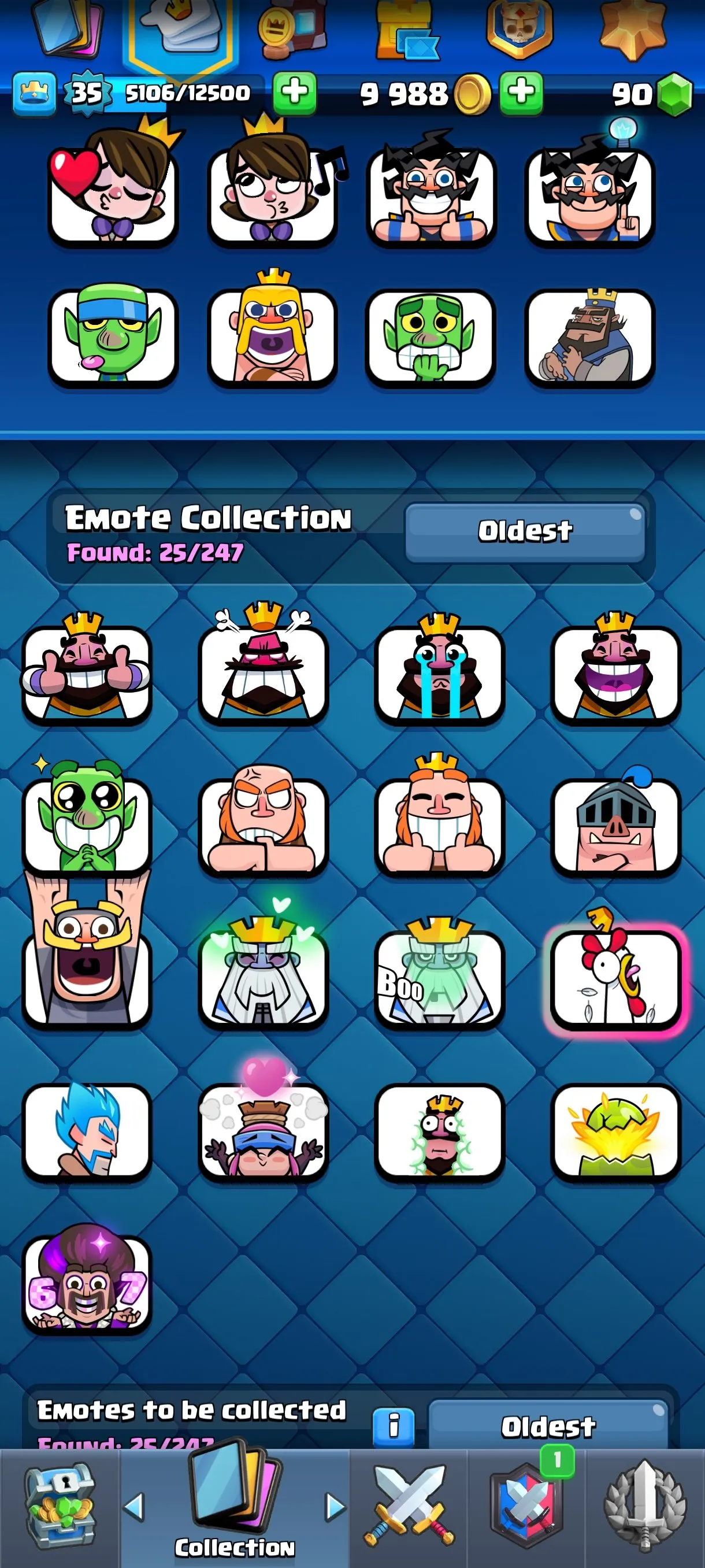 CR674 6565 cups 1 Evolution 115 cards 90 gems 9988 gold King 35 Arena 18 4 tower skins 25 emotes badges collection