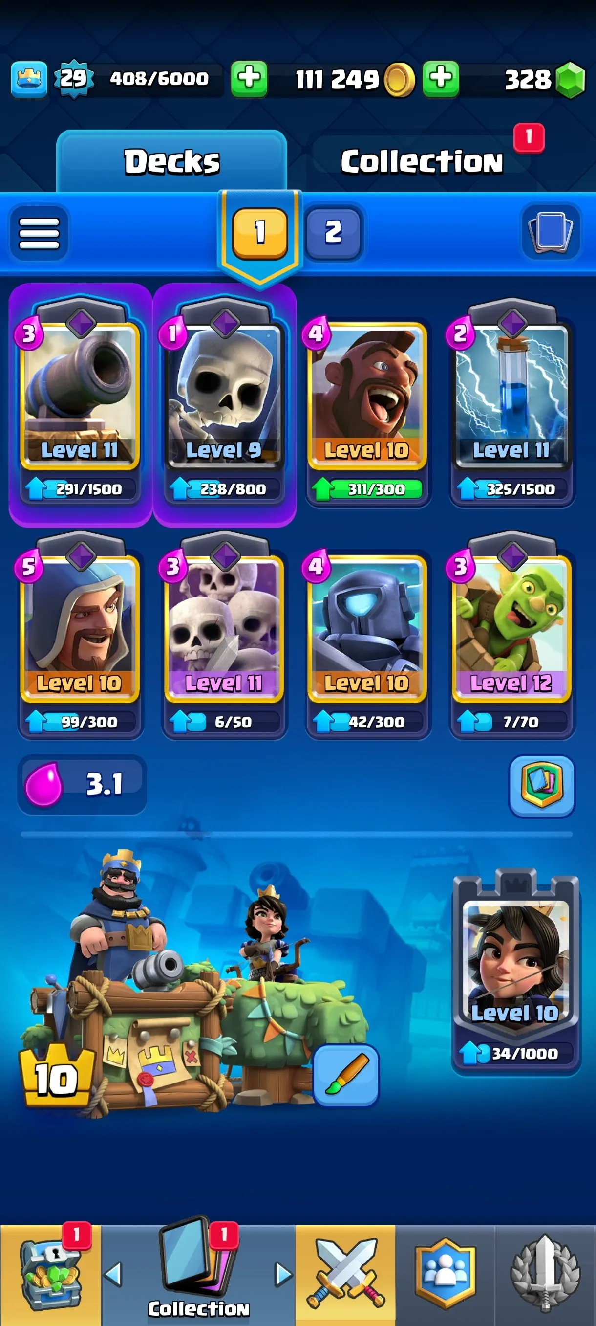 CR682 4445 cups 0 Evolutions 89 cards 328 gems 111249 gold King 29 Arena 13 12 emotes 1 tower banner collection