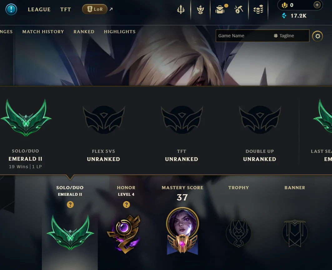 [EUW] S16! - SPLIT 1! - Emerald 2 - 17.2K BE - Honor 4 - Instant Delivery - Ranked Ready