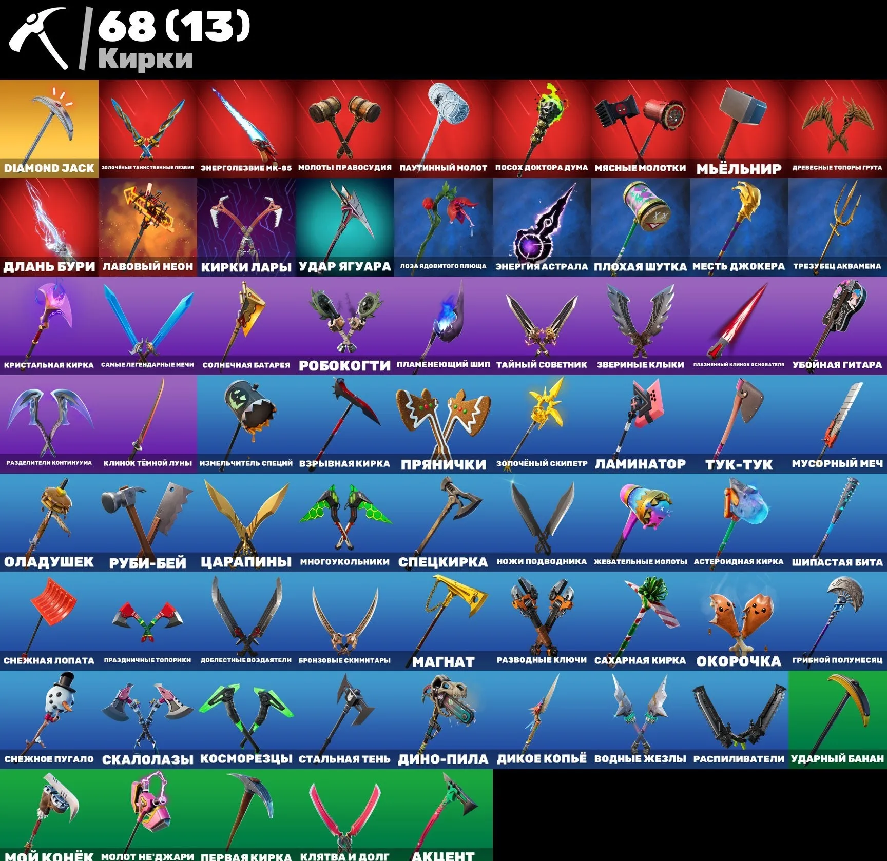 F868 62 Skins: Wildcat, Gold Midas, Travis Scott Pickaxe, Exclusive, Mail Change, OG, Tanuki, Joker, Rey, Emcee (G)