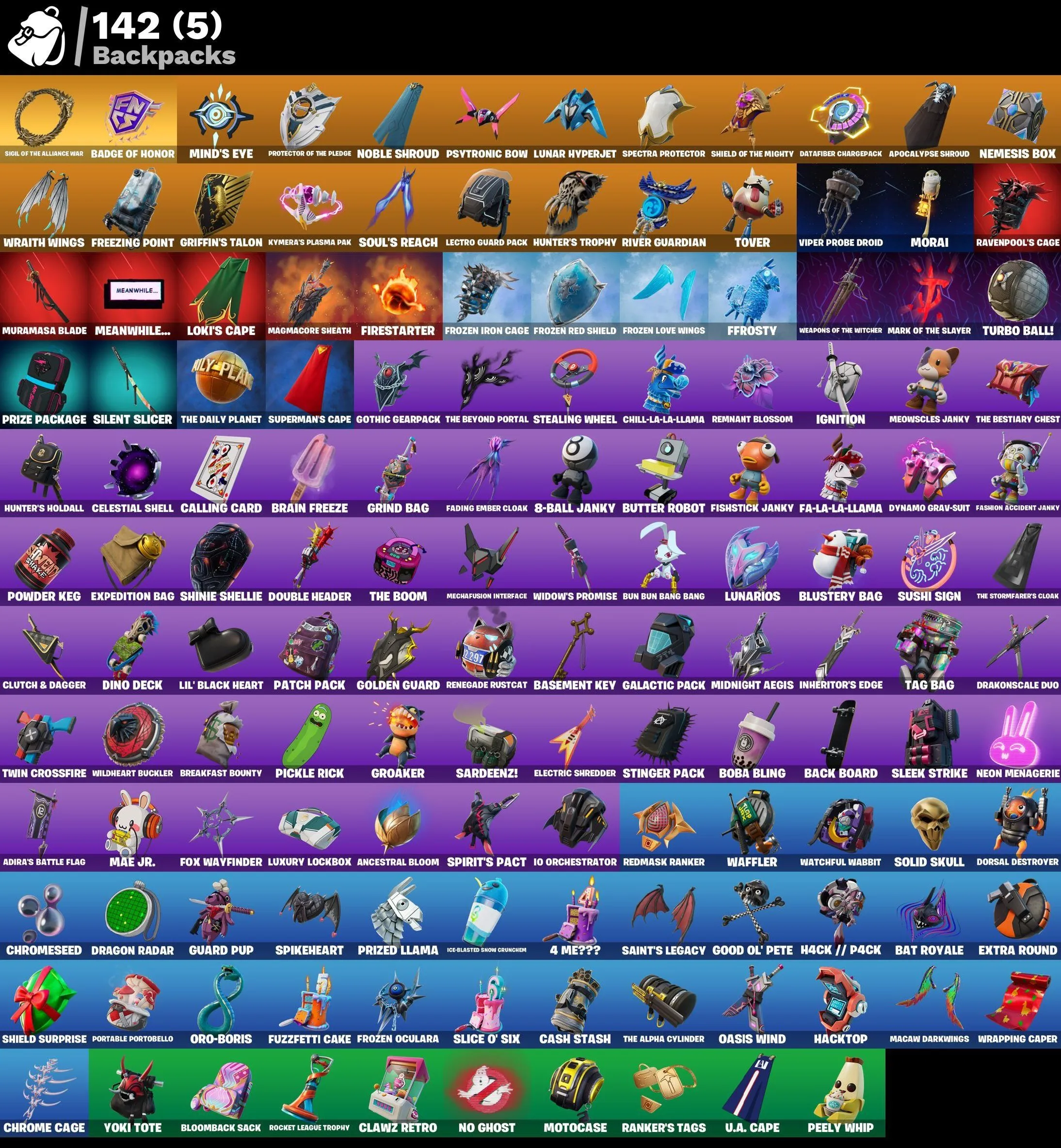 F852 Wildcat, Spider-Gwen, Mandalorian, Predator, Joey, Snap, Spectra Knight, Darth Vader, Ahsoka Tano, 111 Skins (G)