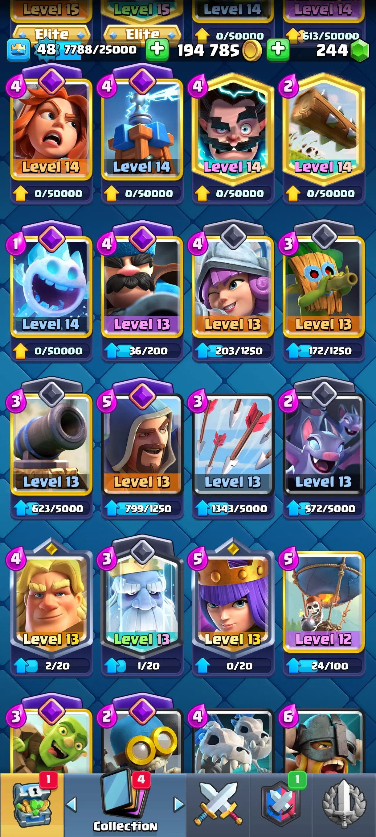 CR535 10,000 Trophies - Level 48 - 11 Evolutions - 55 Emotes - 7 Tower Skins - 121/121 Cards - 194,785 Gold - 244 Gems