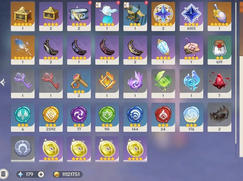 GI1359 Nefer + Furina + Harlequino + Mizuki with Signature Weapons, Many 5 star Artifacts