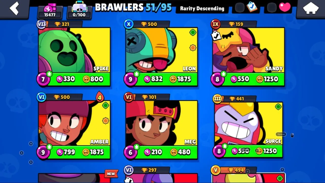 BS1769 Amber Spike Leon Sandy Meg Surge 15477 trophies 51 brawlers 6 legendary (G)