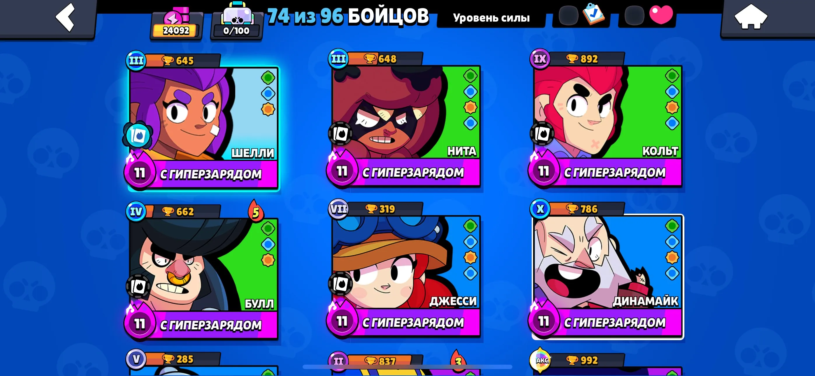 BS1802 24092 trophies 74 of 96 brawlers 14 hypercharges many legendary skins including Bo Mecha Virus Charlie Volt Lightyear and more 5122 gems 1670 coins 103 bling top start account (G).