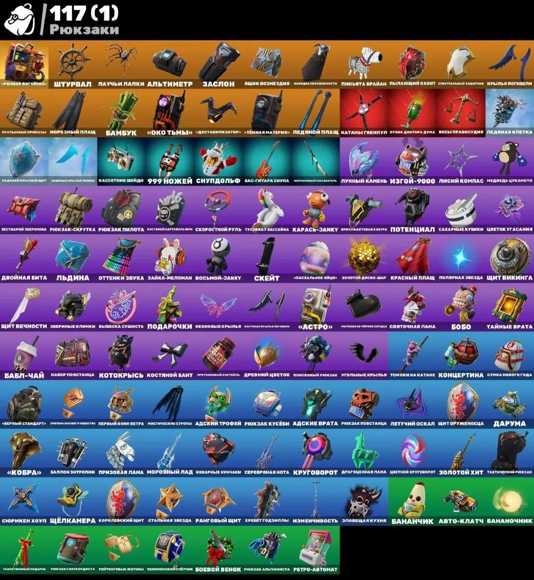 F968 85 Skins, Blue Knights, Take the L Emote, Emotion in the Break, Rare Skins, 86 Pickaxes, 120 Emotes (G)