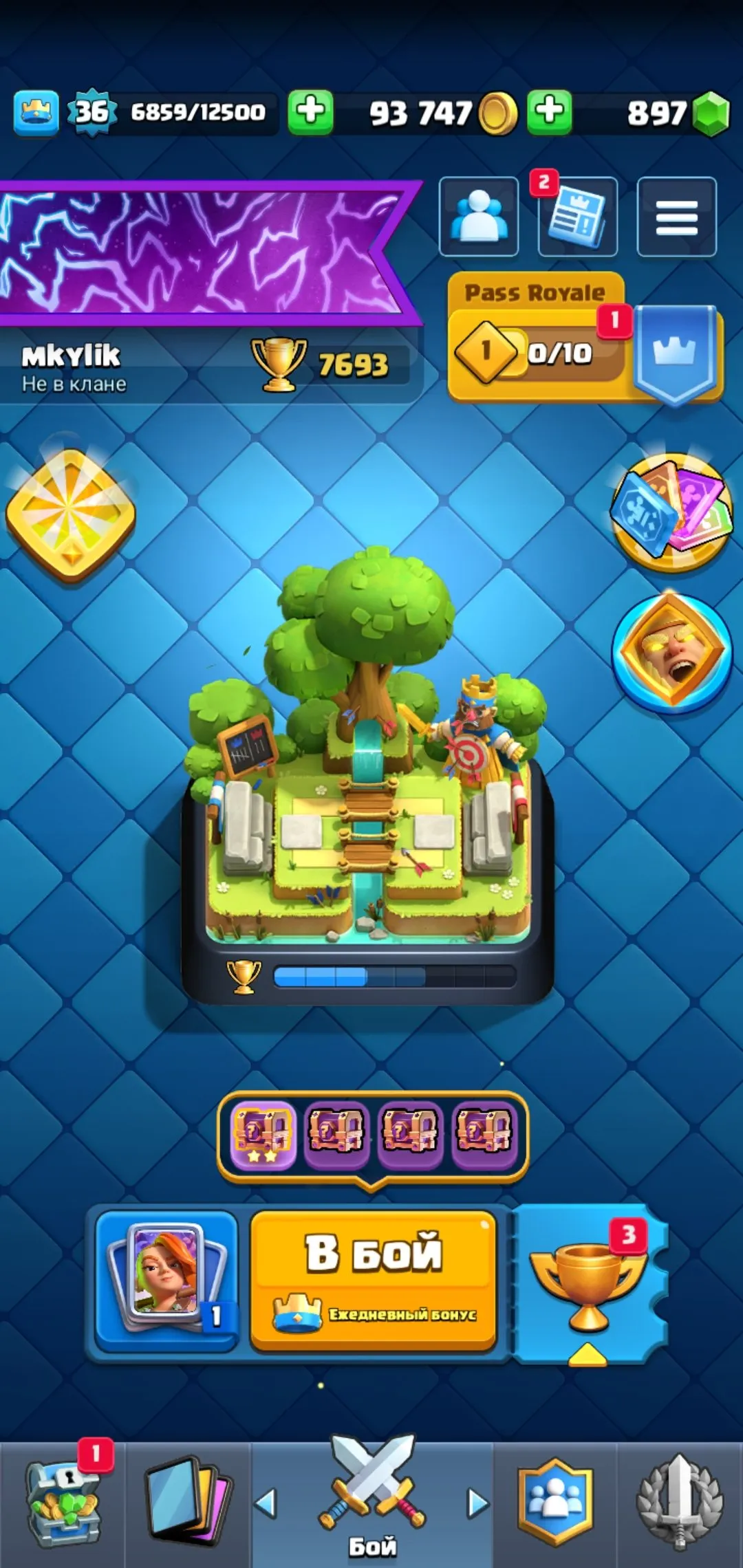 CR694 7 Evolutions 7693 Trophies Level 36 Archer Queen Mother Witch Mega Minion Electro Wizard Log Bats Snowball Deck 