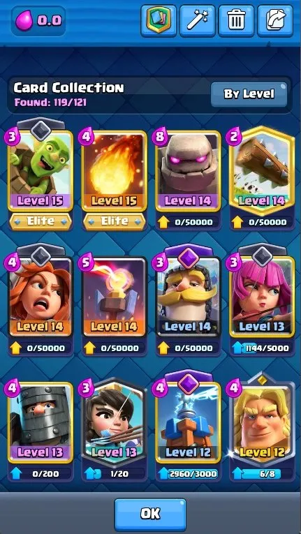 CR590 Max KT14 lvl 42 arena 23, 9603 trophies, 119 cards, 2 maxed, 5 lvl 15, 5 evolutions, 43 emotes, 6 tower skins, 2290 gems, 347k gold, books and wildcards