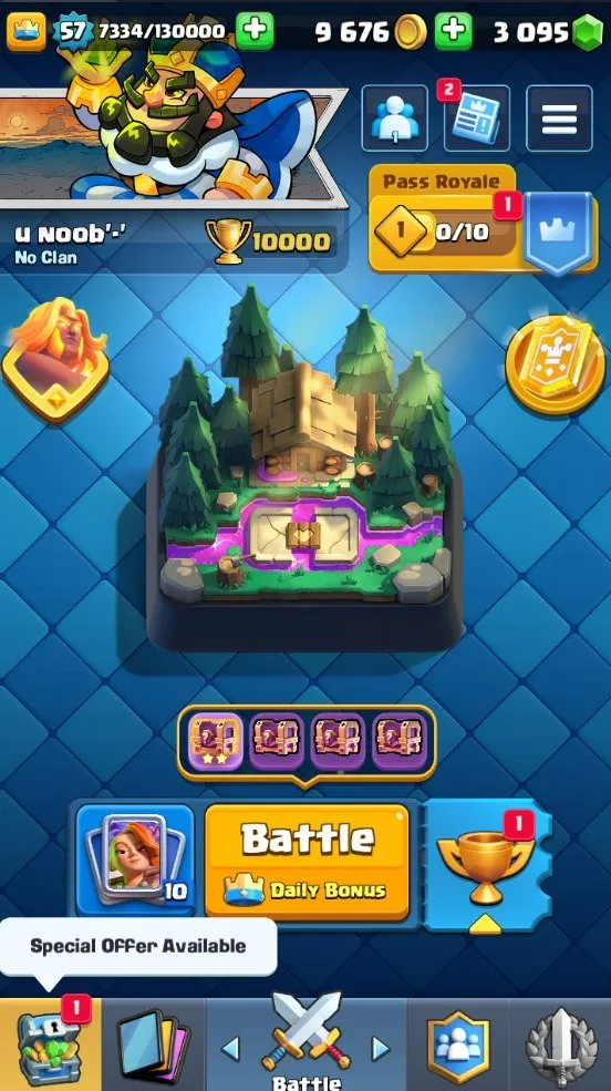 CR545 10k trophies lvl 57, 120 cards 19 legendary, lumberjack deck, 2 lvl 16 2 lvl 15, 3k gems, 85 emotes