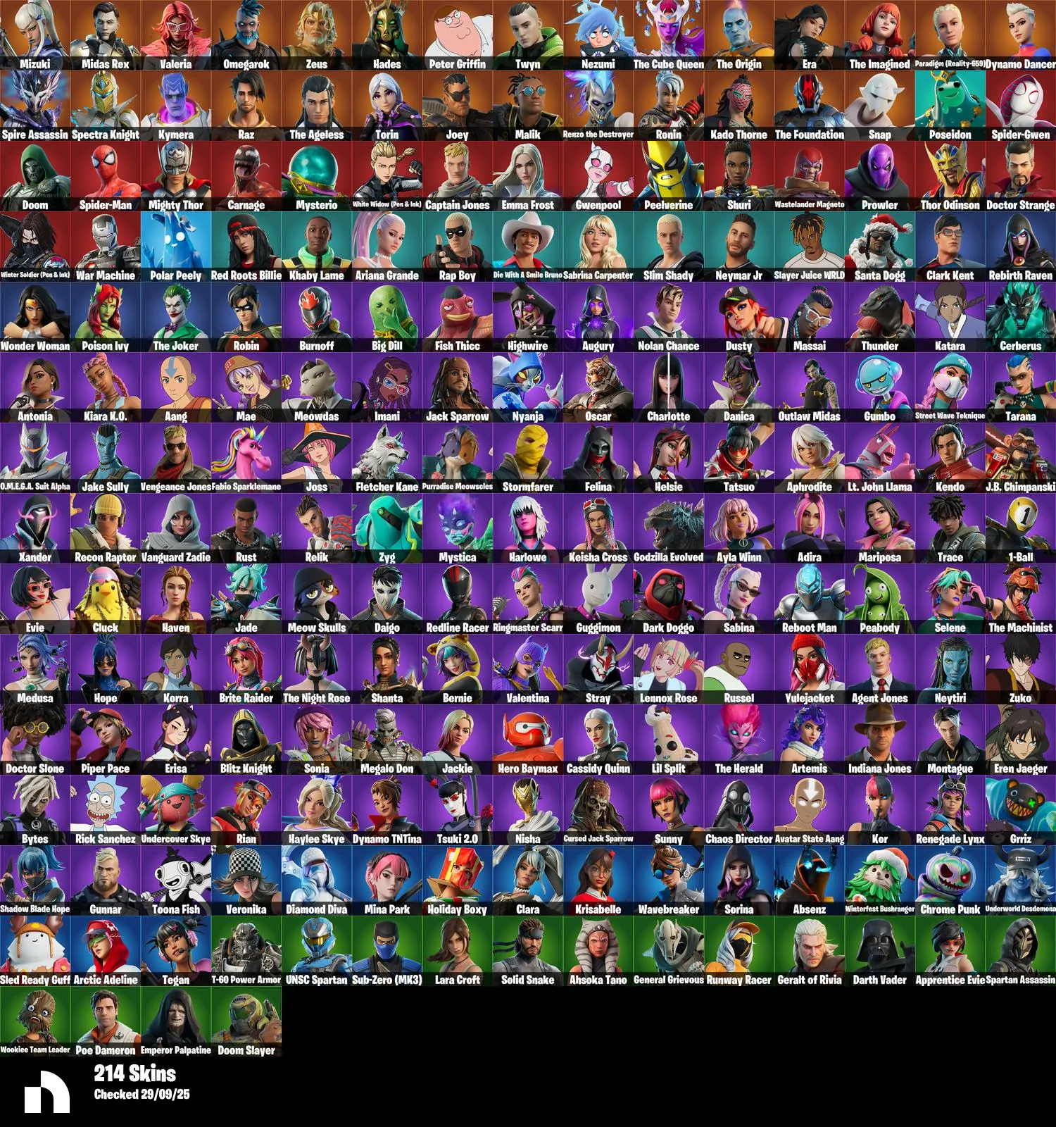 F997 214 Skins | Burnoff | T-60 Power Armor | UNSC Spartan | Big Dill | Fish Thicc | 269 Backpacks | 237 Pickaxes | 188 Wraps | 186 Gliders | 180 Emotes