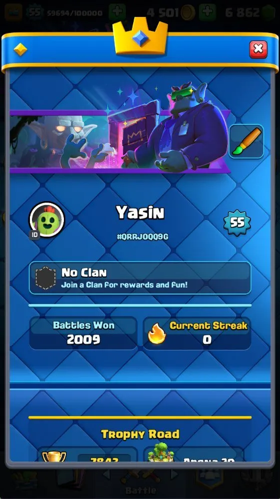 CR629     7.8k Trophies Arena 20 King Level 55 Hunter Deck 2 LVL16 4 LVL14 4 Evolutions 6800 Gems 19 Legendaries 119 Cards Free Name Change 29 Emotes Banner Decorations Custom Towers