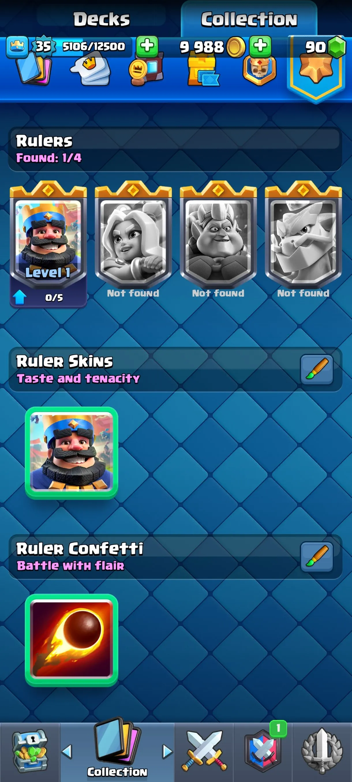 CR674 6565 cups 1 Evolution 115 cards 90 gems 9988 gold King 35 Arena 18 4 tower skins 25 emotes badges collection