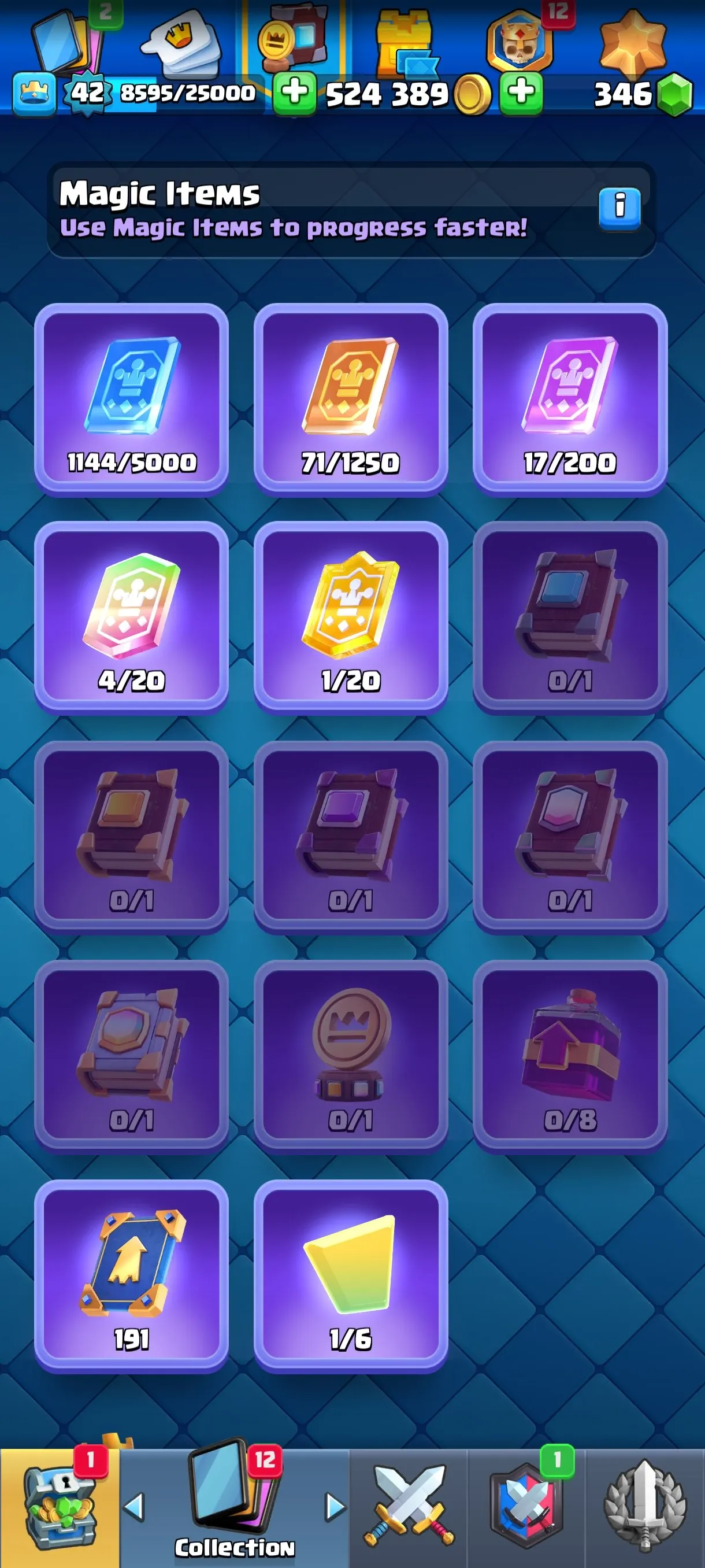 CR621 Maxed 8708 Cups star 11 Evolutions Lv14 Meta Cards 524k Gold 346 Gems 3 Towers 43 Emotes 118 Cards Name Change