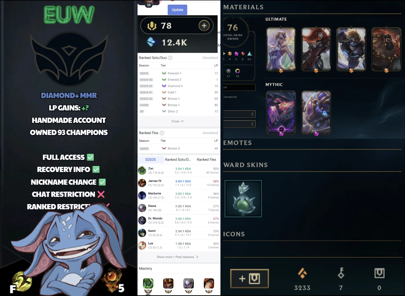 🌍 EUW 🔒 Handlevel ⚡️ Unranked 🥇 Diamond III Peak S2025 ✨️ Diamond+ MMR 📧 Full Access Account ✅ #SBL-H5R