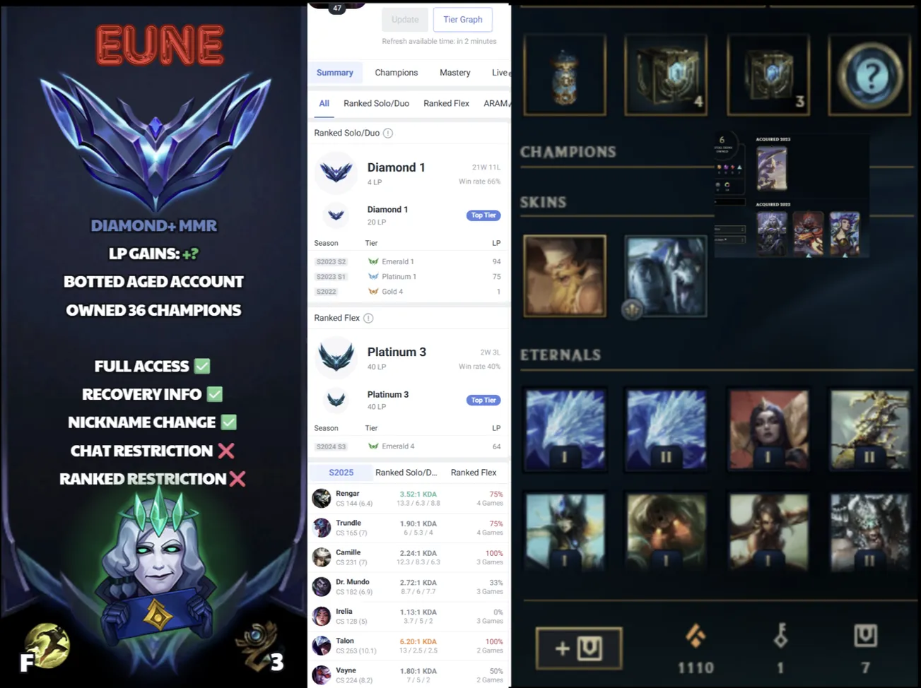 🌍 EUNE ⚡️ Diamond I (4 LP) ✨️ WR:66% 🔥JUNGLE/TOP Main ♾️ Lifetime Ownership 📧 Full Access Account ✅ #SBL-1MC