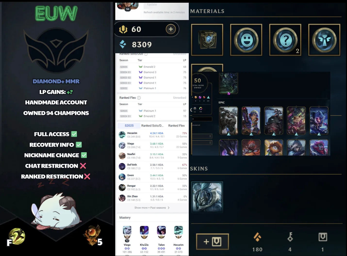 🌍 EUW 👑 Season 16 (Current) 🔥 Unranked 📌️ Jungle 💎️ Diamond Peak S15 ✨️ 50 Skins 🔐 Lifetime Ownership 🏷️ #SBL-9H0
