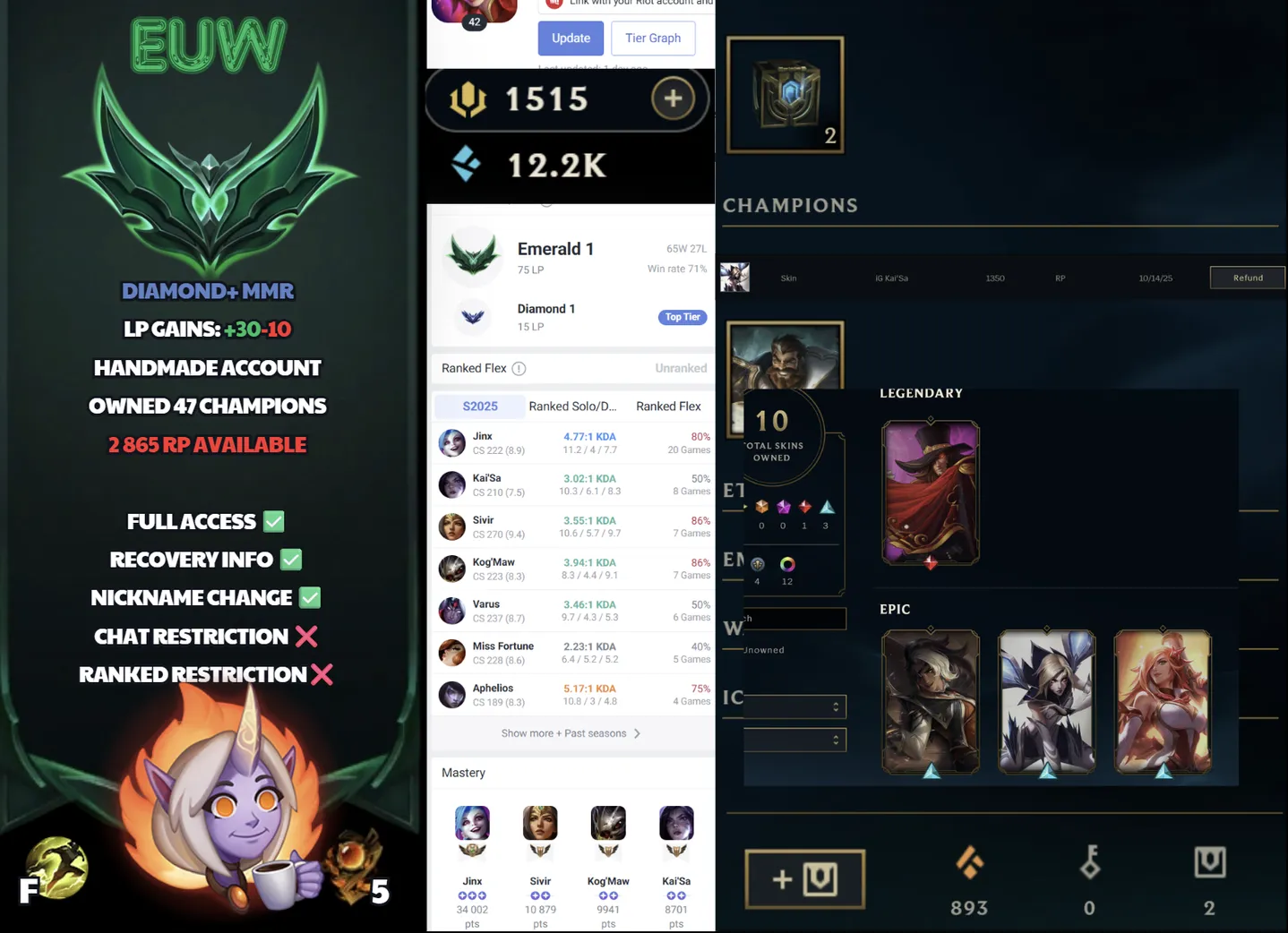 🌍 EUW 🔒 Handlevel ⚡️ Emerald I (75 LP) 🥇 ADC/SUPP ✨️ WR:71% 🔥 Diamond 1 Decay  🔴 2865 RP Available ✅ #SBL-2B1