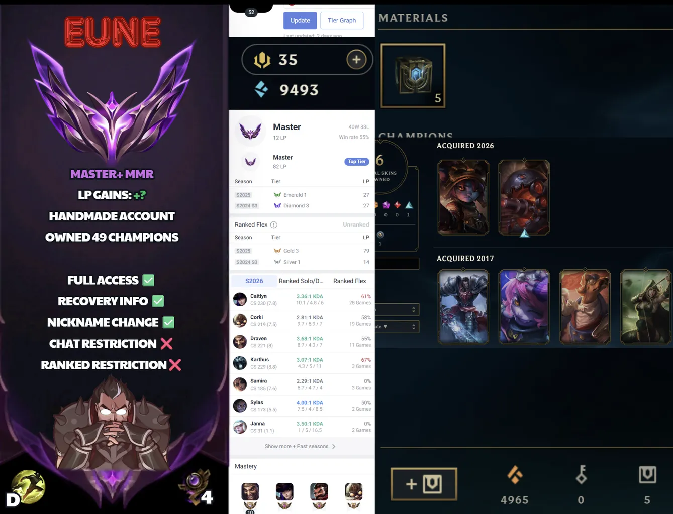 🌍 EUNE 🟢 Season 2026 🏅 Master (12 LP) 📌️ ADC Main ✨️ WR:54% 🔥 49 Champs 🔐 Lifetime Ownership 🏷️ #SBL-P6E