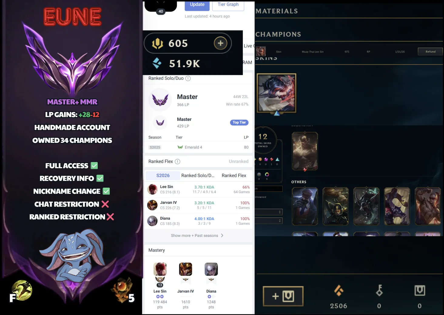 🌍 EUNE 👑 Season 16 (Current) 🔥 Master (366 LP) 📌️ JNG Main 💎️ WR:67% ✨️ +28LP Gains & 12 Skins 🔐 Lifetime Ownership 🏷️ SBL-5H9