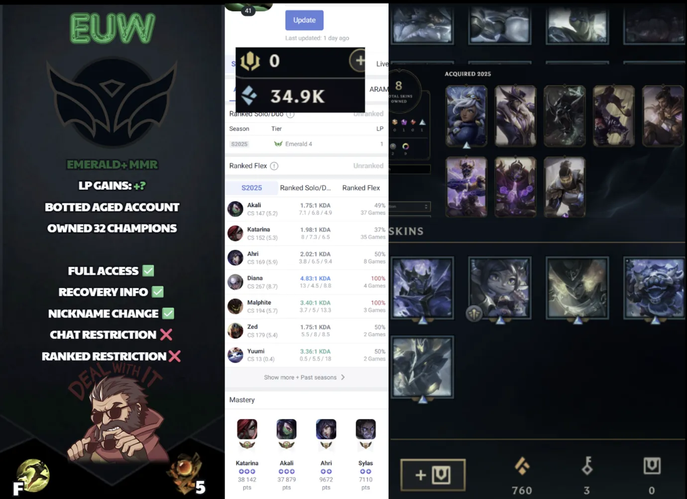 🌍 EUW 🔒 Handlevel ⚡️ Unranked 🥇 Emerald S15 ✨️ Emerald+ MMR 🔥 9 Skins  📧 Full Access Account ✅ #SBL-ZE0