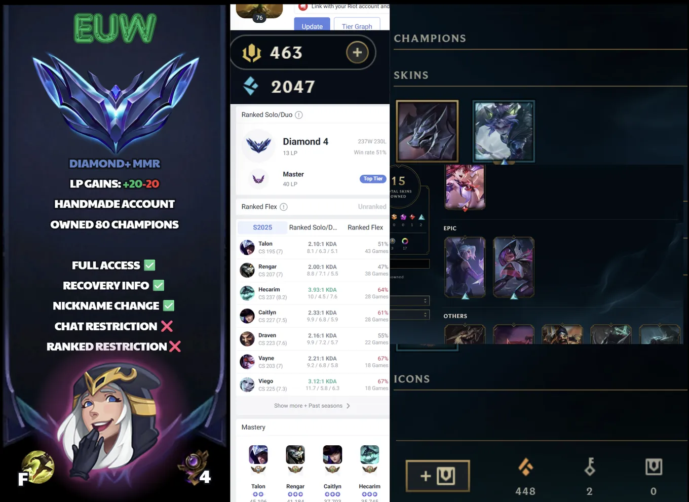 🌍 EUW 🔒 Handlevel ⚡ Diamond IV (13 LP)✨ WR:51% 🔥 80 Champs + 15 Skins ♾️ Lifetime Ownership 📧 Full Email Access ✅ Full Ownership Transfer #SBL-JG5