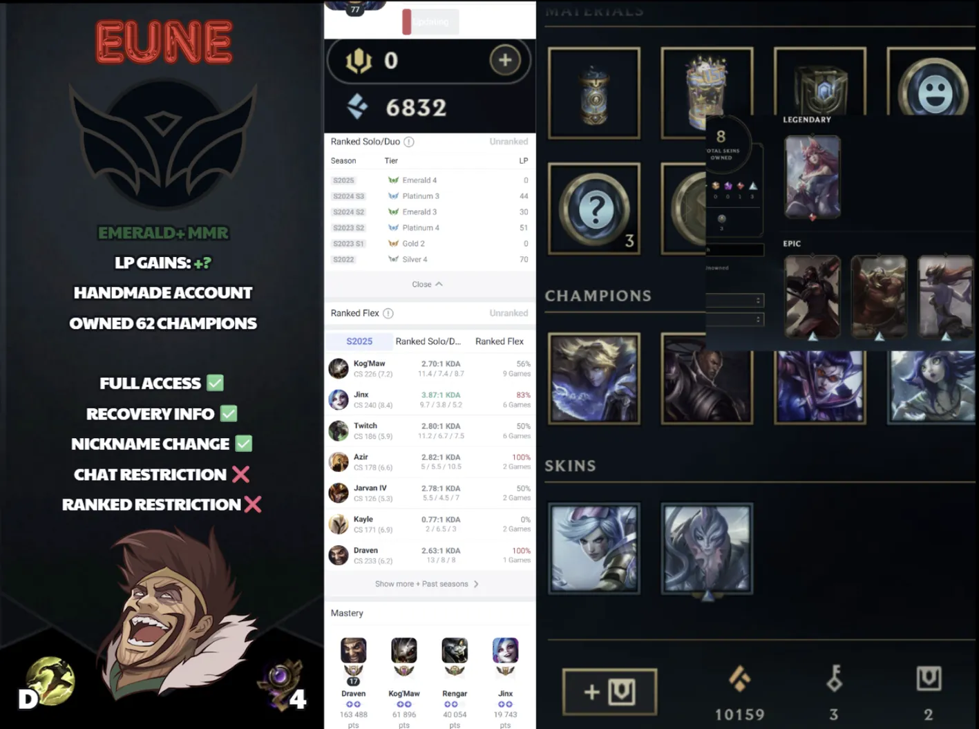 🌍 EUNE 🔒 Handlevel ⚡️ Unranked 🥇 Emerald S15 ✨️ 62 Champs 🔥 Emerald MMR  📧 Full Access Account ✅ #SBL-89W