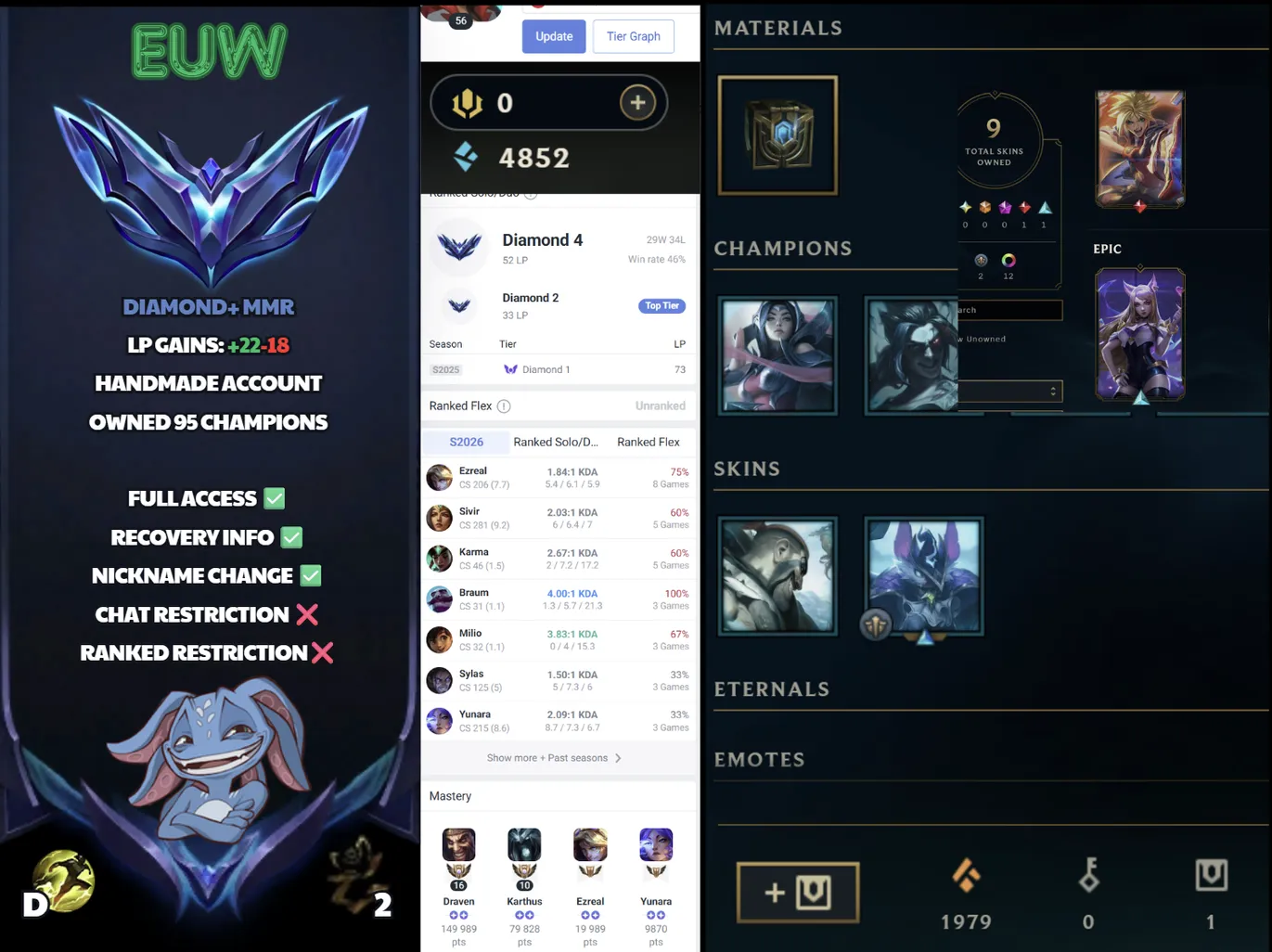 🌍 EUW 👑 Season 16 (Current) 🔥 Diamond IV (52 LP) 📌️ ADC/SUPP Main 💎️ Diamond II Peak ✨️ +22LP Gains 🔐 Lifetime Ownership 🏷️ #SBL-B1K