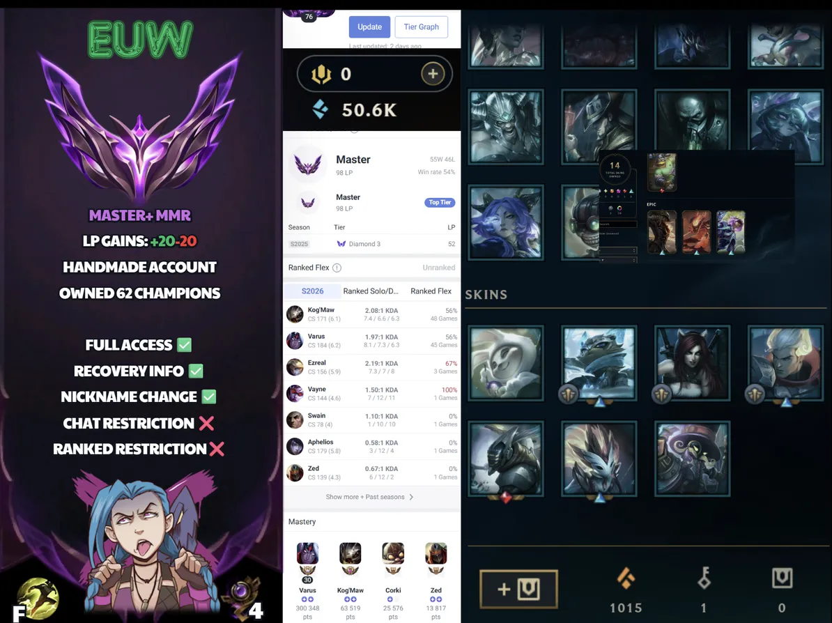 🌍 EUW 👑 Season 16 (Current) 🔥 Master (98 LP) 📌️ ADC  Main 💎️ WR:54% ✨️ 14 Skins 🔐 Lifetime Ownership 🏷️ #SBL-H7I