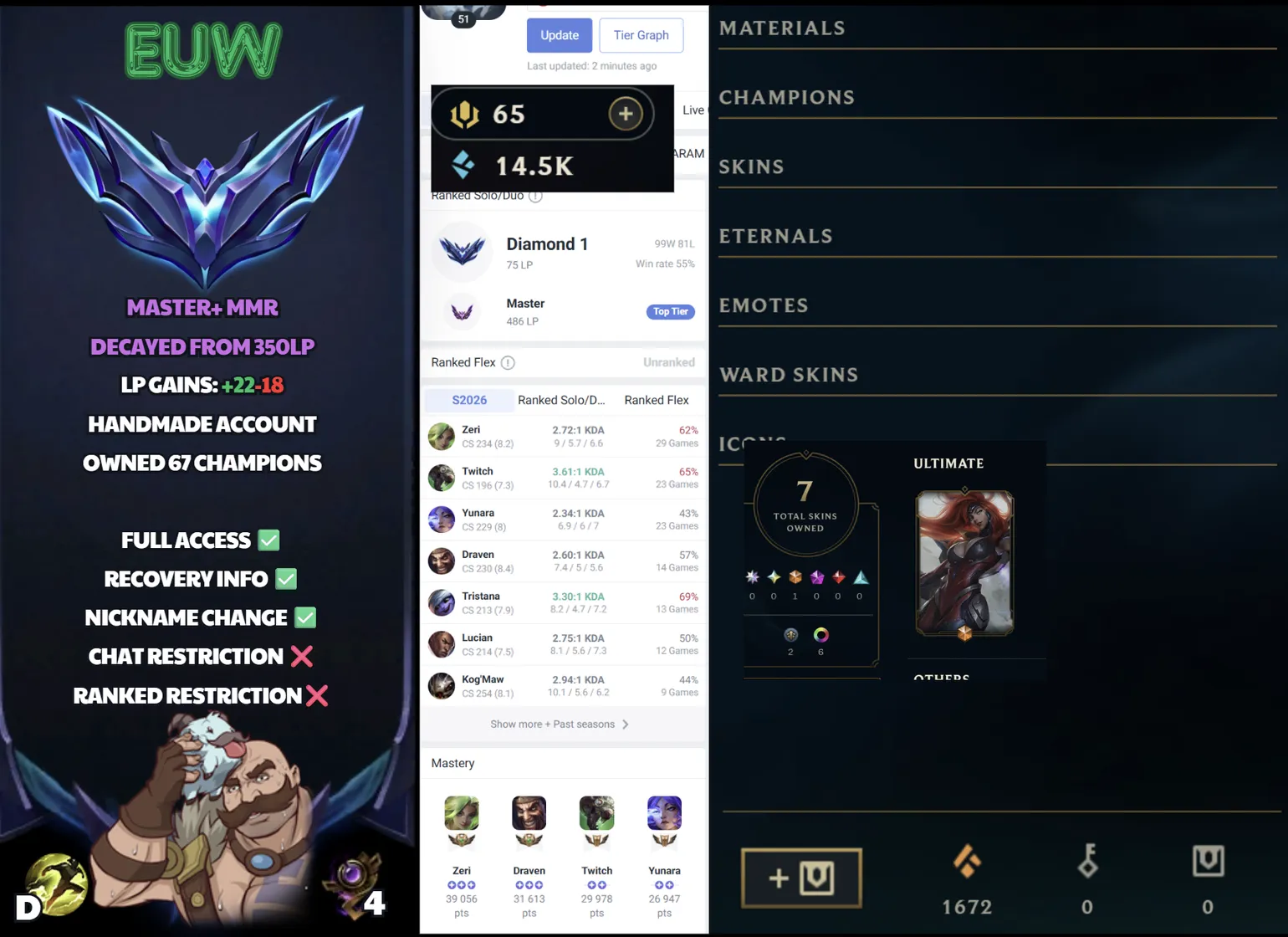 🌍 EUW 👑 Season 16 (Current) 🔥 Diamond I (75 LP) 📌️ ADC Main 💎️ WR:55% ✨️ +30LP Gains / Decay from 350LP 🔐 Lifetime Ownership 🏷️ #SBL-9N0