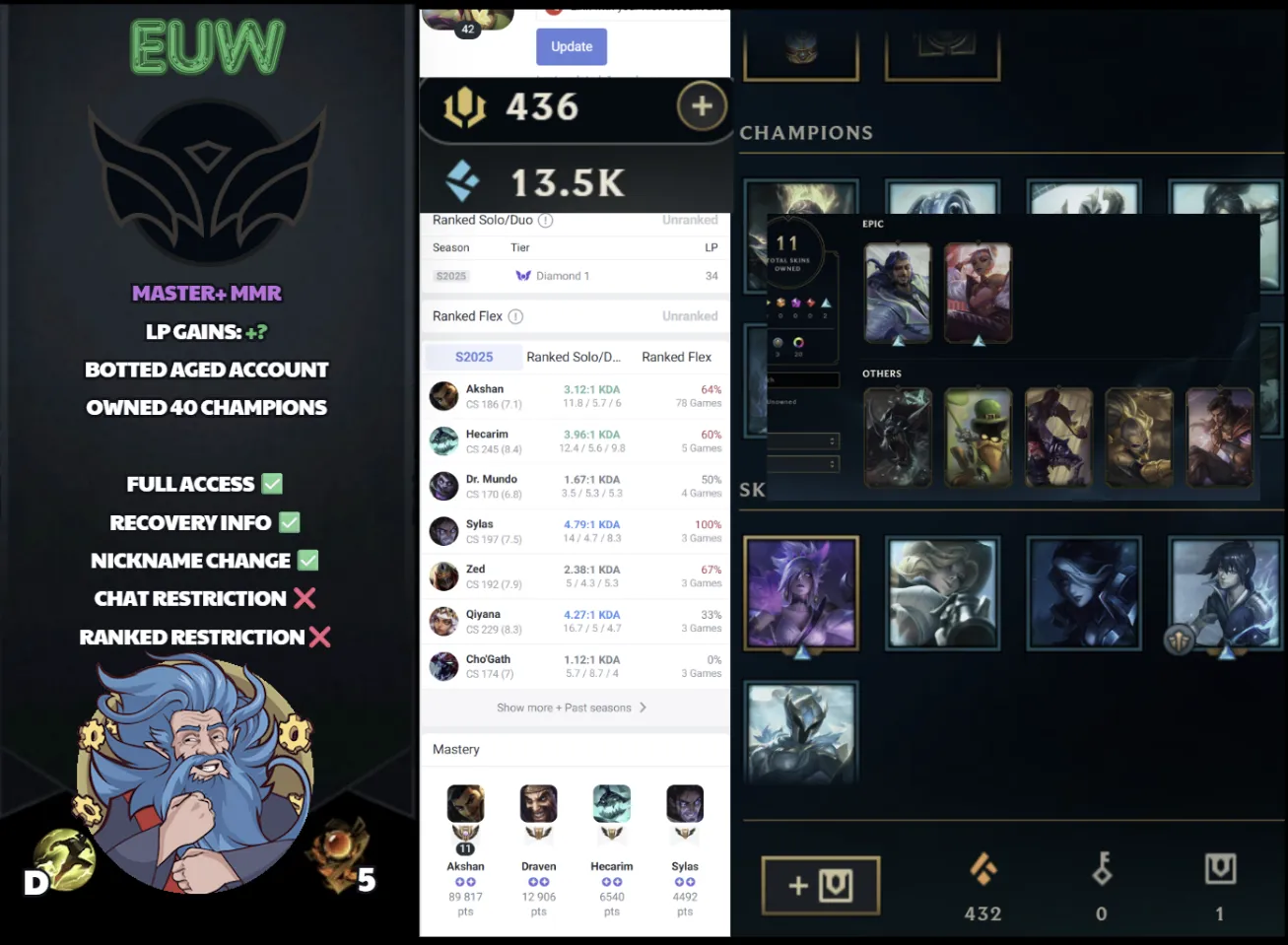 🌍 EUW 🔒 Handlevel ⚡️ Unranked 🥇 Master Peak Season 2025 ✨️ Master+ MMR 📧 Full Access Account ✅ #SBL-T9L