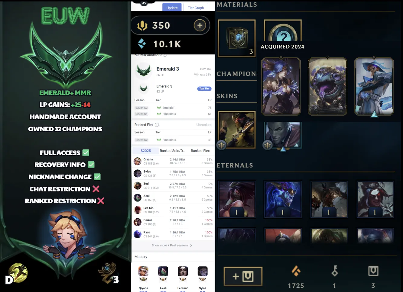 🌍 EUW 🔒 Handlevel ⚡️ Emerald III (66 LP) 🥇 Mid Main ✨️ 350 RP 📧 Full Access Account ✅ #SBL-2V3