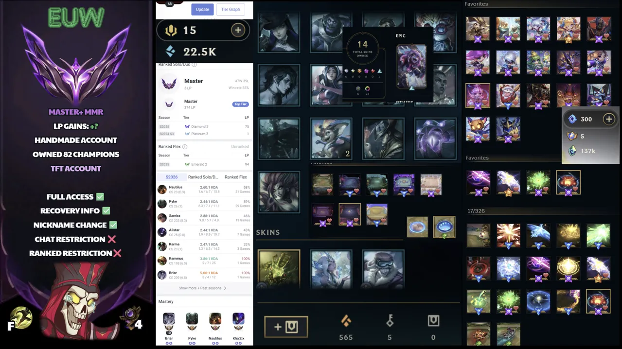 🌍 EUW 👑 Season 16 (Current) 🔥 Master (5 LP) 💎️ Insane TFT Inventory & Loot  🔐 Lifetime Ownership 🏷️ #SBL-Y3Z